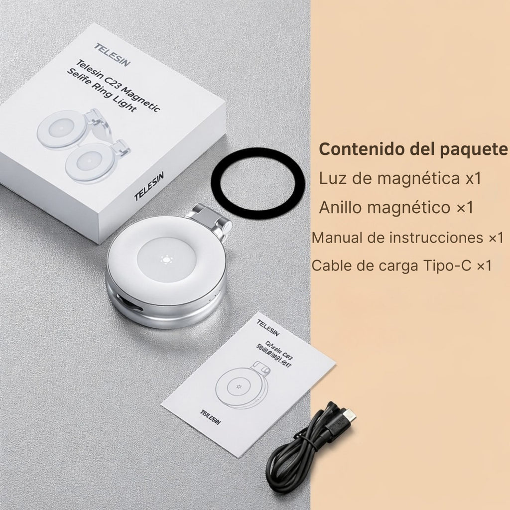 TELESIN C03 Aro de Luz Magnético 360° + Espejo (Compatible con Iphone y Android)
