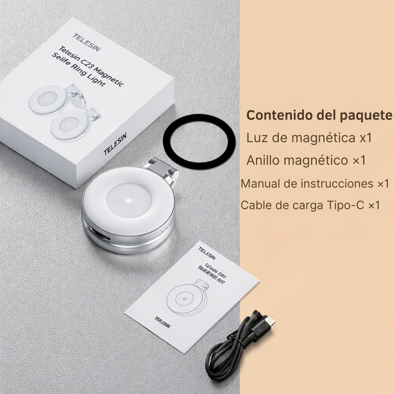 TELESIN C03 Aro de Luz Magnético 360° + Espejo (Compatible con Iphone y Android)